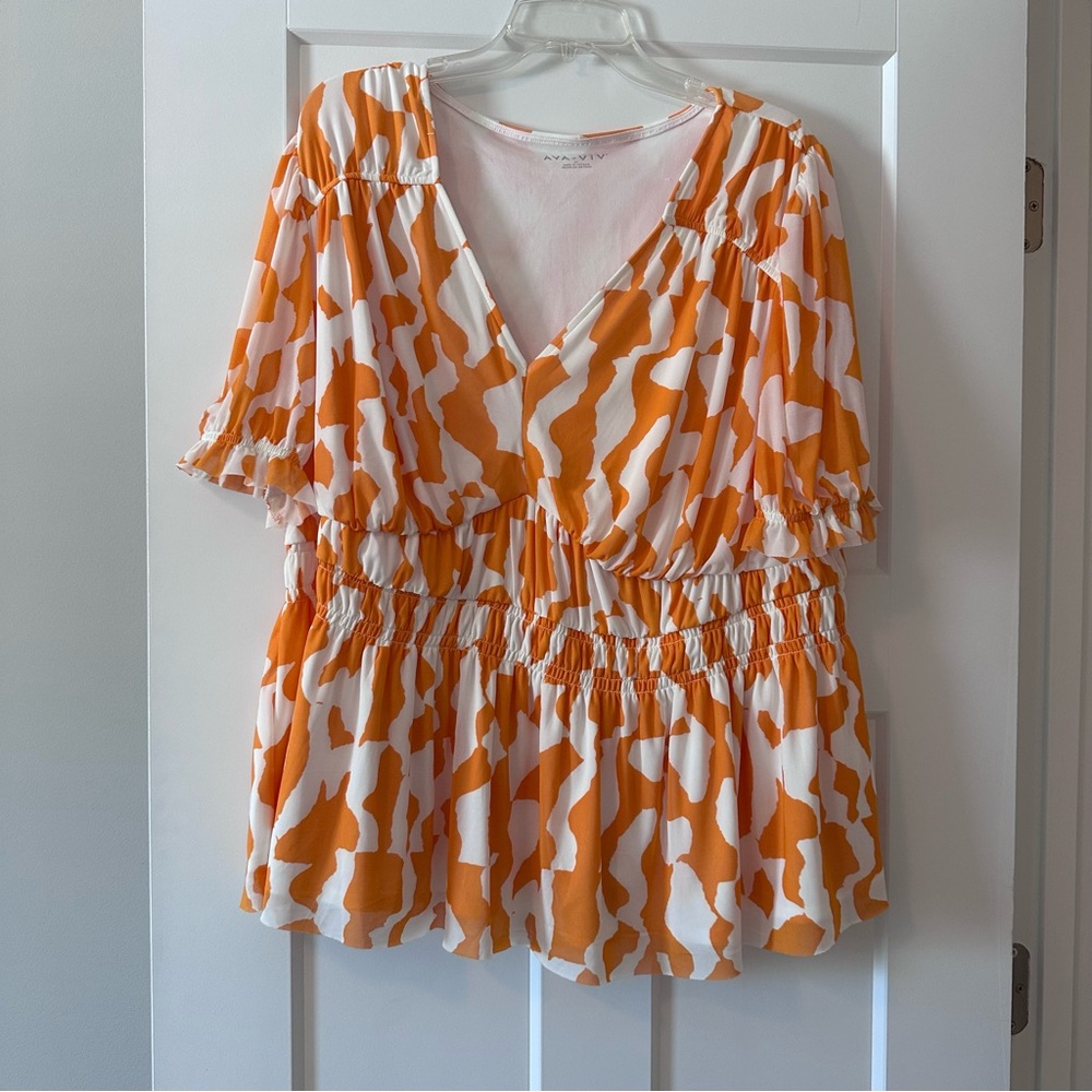 Ava & Viv Orange White Abstract Print Peplum Blouse Women’s 2X Fully Lined